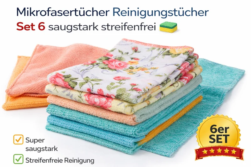 Mikrofasertücher 6er Set 30 × 30 cm – saugstarke Reinigungstücher für Haushalt, Auto, Fenster & Küche