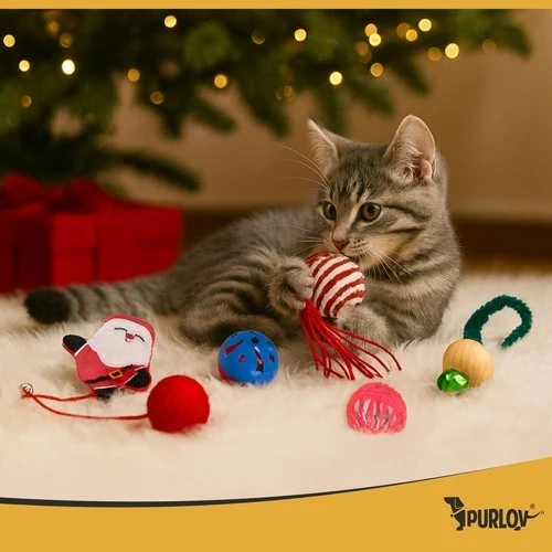 PURLOV Katzenspielzeug Set 6-tlg Weihnachten Bälle Federn Glöckchen