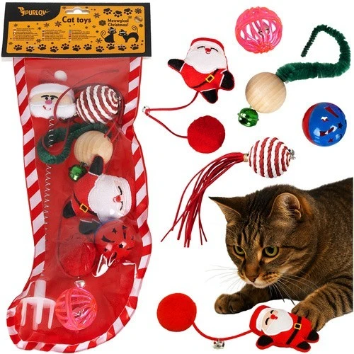 PURLOV Katzenspielzeug Weihnachtsset 6-teilig – Bälle, Federn & Pompons im Weihnachtssocken, Sicheres & Abwechslungsreiches Spielzeug für Katzen