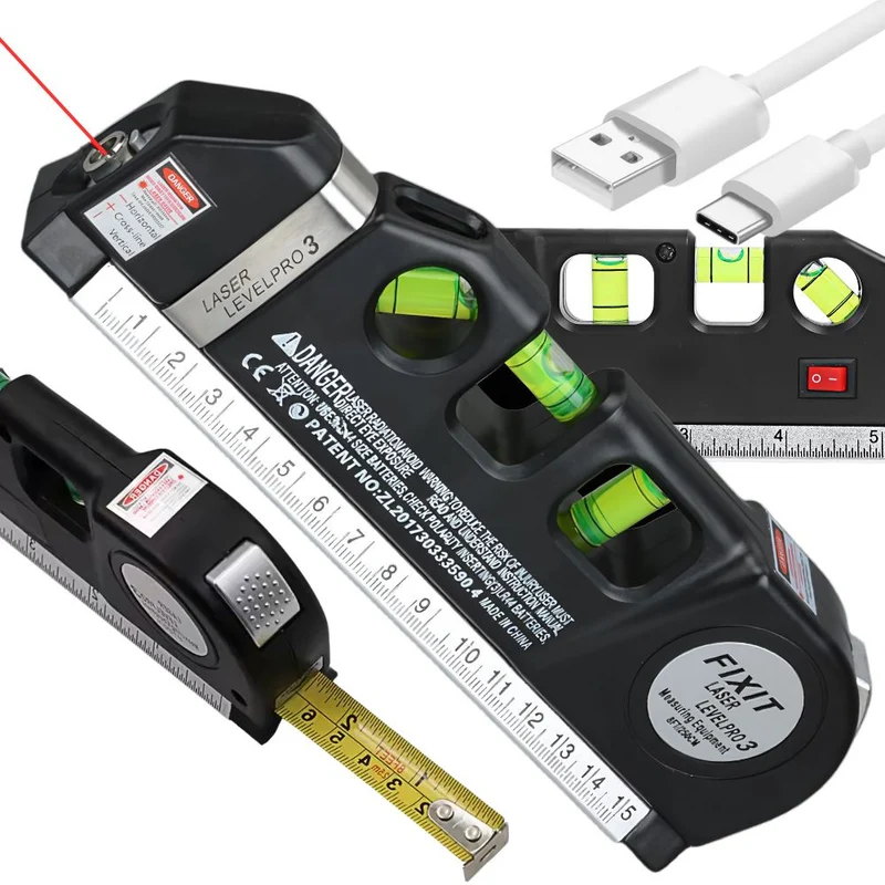 Laser Wasserwaage 3in1 mit 2,5m Maßband und USB-Aufladung – Präzises Nivelliergerät