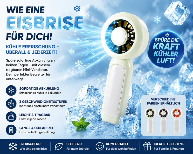 USB Mini Ventilator mit Akku und Griff – Tragbarer Handventilator mit 3 Stufen