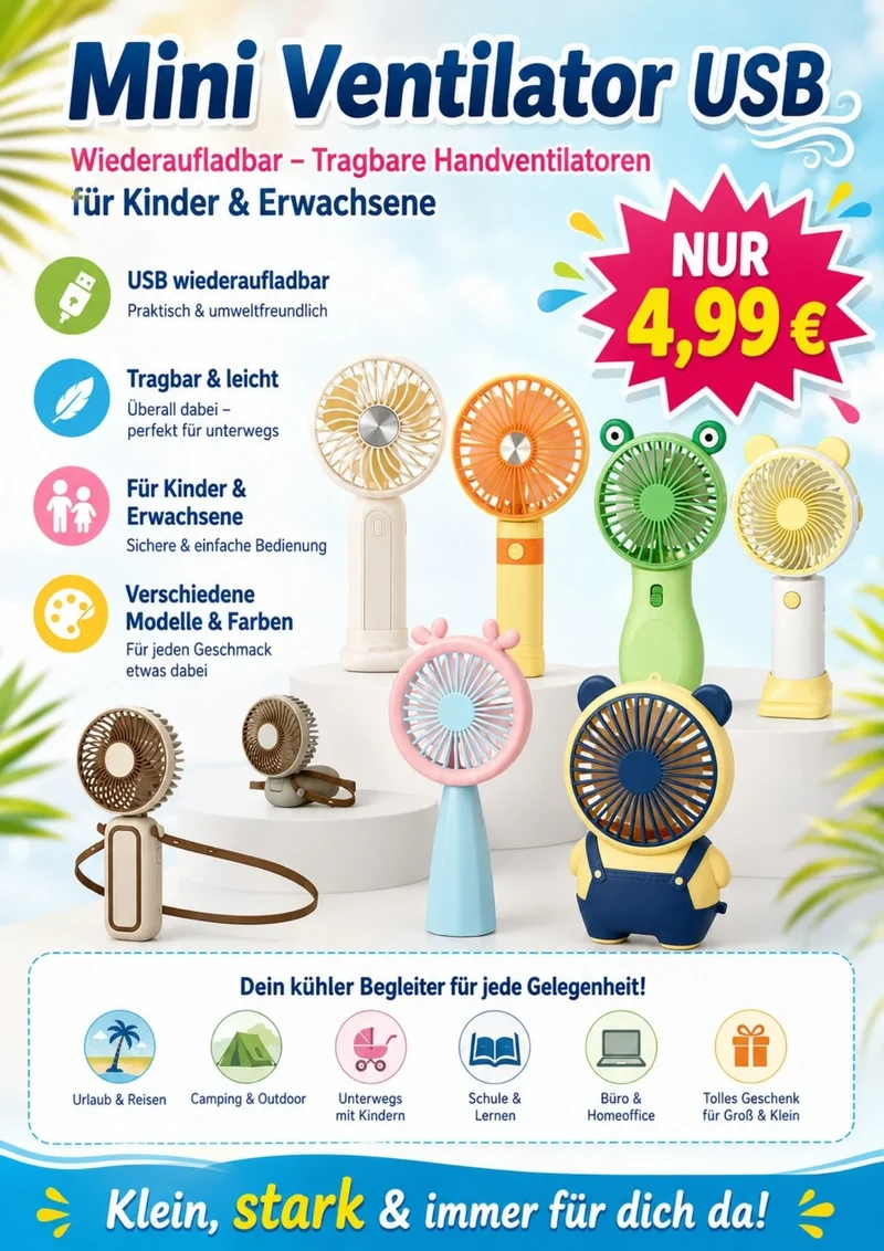 Mini USB Handventilator wiederaufladbar – Saisonende-Angebot, 1 Stück in zufälligem Modell & Farbe