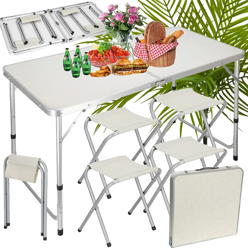 Campingtisch Set klappbar 120x60 cm mit 4 Hockern höhenverstellbar Outdoor