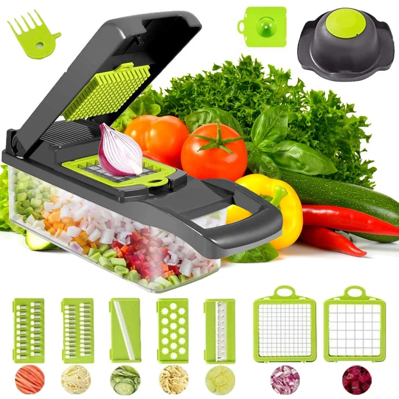 Gemüseschneider Multifunktion mit 6 Klingen und Auffangbehälter – Reibe, Obstschneider, Küchenhobel für Gemüse, Obst, Käse und Eier