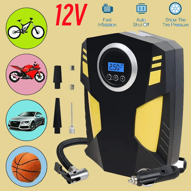 Tragbarer 12V Luftkompressor 150PSI – Digitale Auto Luftpumpe mit LED Notlicht, Manometer & 3 Düsenadaptern – Für Auto, Fahrrad, Motorrad & Ball