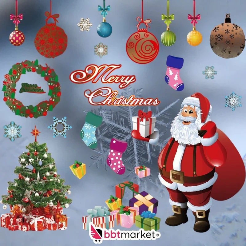 Weihnachten Fensterbilder – 4 Stück selbstklebende Fensterdeko, 90×30 cm, Mehrfarbig, Schneeflocken & Weihnachtsmotive