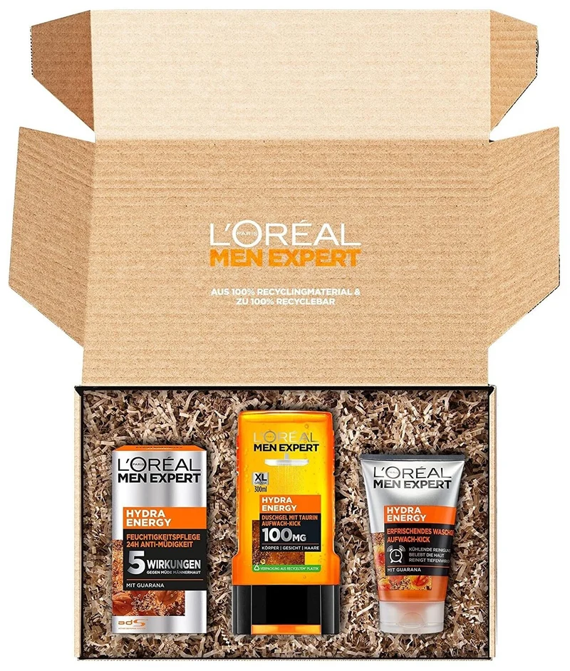 L'Oréal Hydra Energy Männerpflege-Set – 3-teilig: Duschgel, Waschgel & Feuchtigkeitscreme