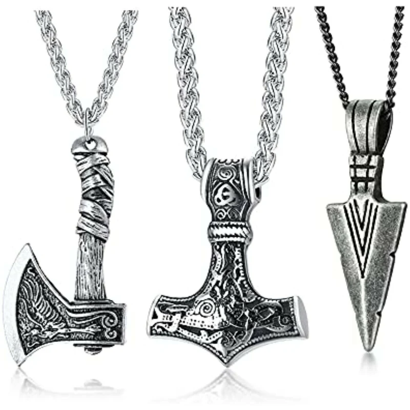 3 Stück Nordischen Wikinger Schmuck Thors Hammer Nordischen Mjolnir Axt Anhänger